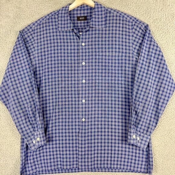 Hugo Boss Shirt Mens XL Blue Plaid Modern Office Designer Business Casual Preppy - Picture 1 of 11